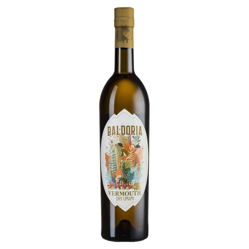 Baldoria Dry Umami Vermouth bottle, green glass with gold foil cap and front label