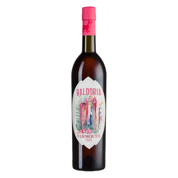 Baldoria Vermouth Rose bottle with pink cap and white label