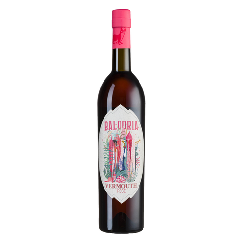 Baldoria Vermouth Rose bottle with pink cap and white label