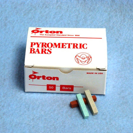 Orton Bar Cones, white Pyrometric Bars box with three bars in green, grey and red-brown laid in front