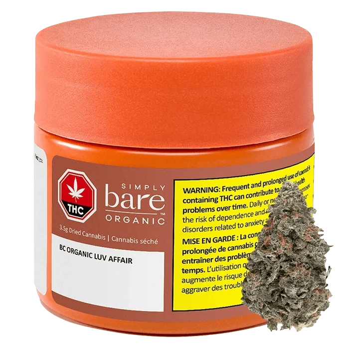 Front-facing shot of an orange jar labeled BC Organic Luv Affair with a close-up cannabis bud overlapping its right side.