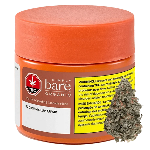 Front-facing shot of an orange jar labeled BC Organic Luv Affair with a close-up cannabis bud overlapping its right side.