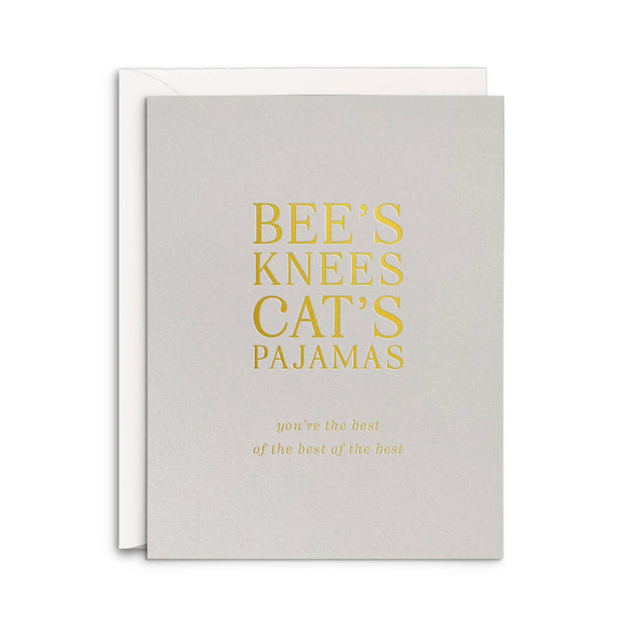 Card with 'Bee's Knees Cat's Pajamas' text on a light gray background