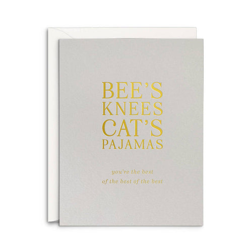 Card with 'Bee's Knees Cat's Pajamas' text on a light gray background