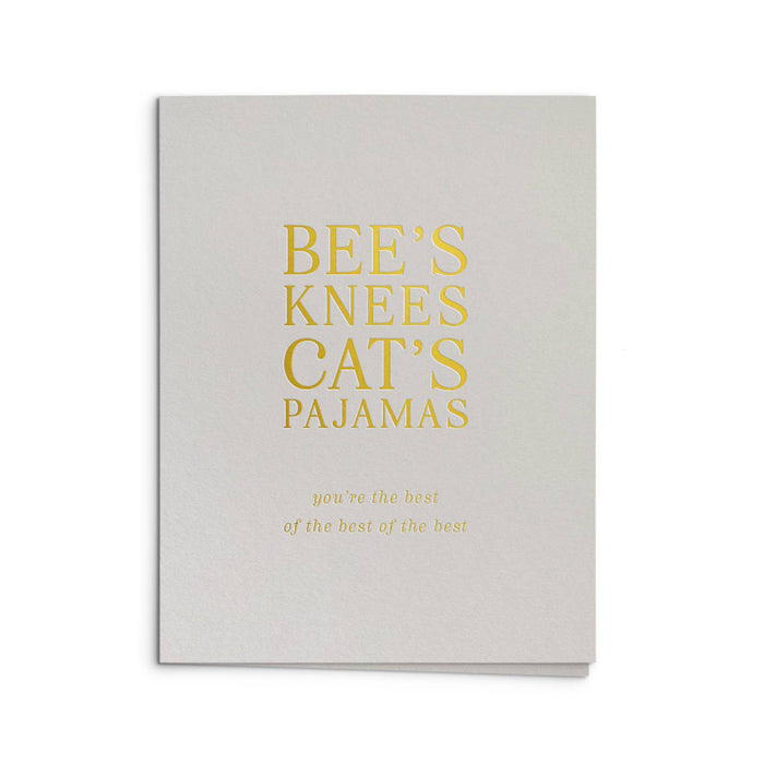 Card with 'Bee's Knees Cat's Pajamas' text on a light gray background