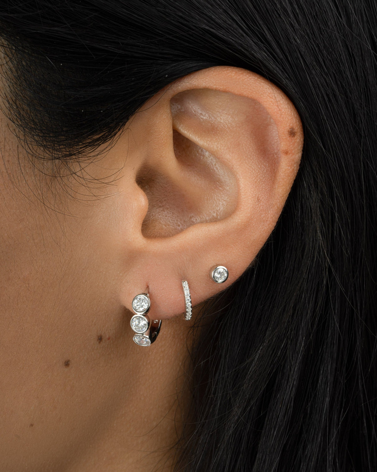 Bezel 3 Stone Huggie Hoop Earrings