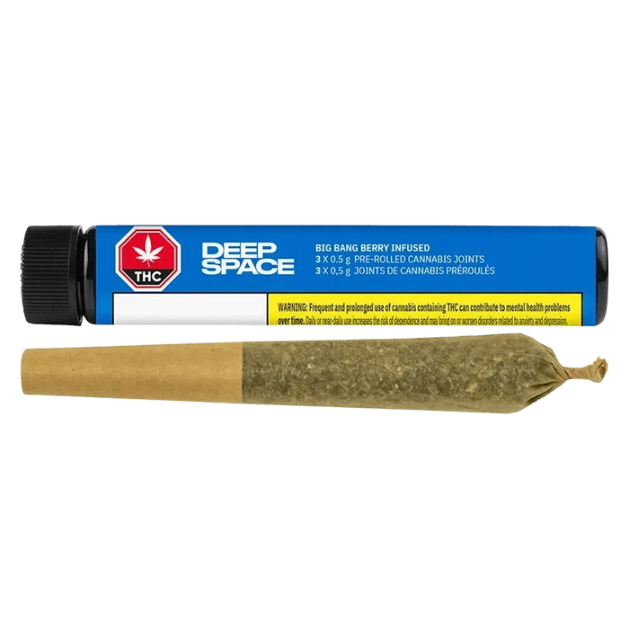 Side-on view of a Deep Space Big Bang Berry Infused PR 3 x 0.5 g blue tube with a pre-rolled joint laid in front.