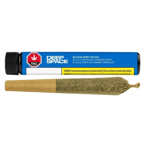 Side-on view of a Deep Space Big Bang Berry Infused PR 3 x 0.5 g blue tube with a pre-rolled joint laid in front.