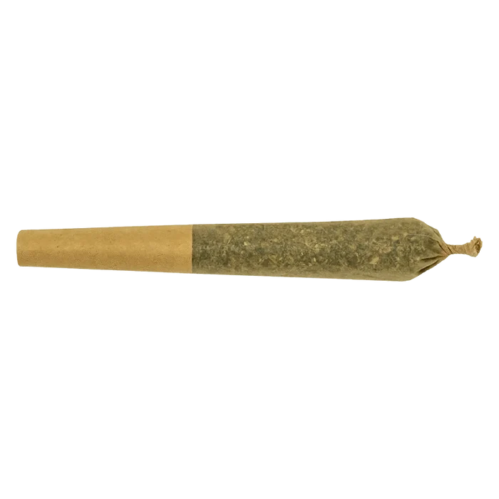 Side view of a single Big Bang Berry Infused PR 3 x 0.5 g pre-roll on a plain background, showing its twisted tip and paper filter.