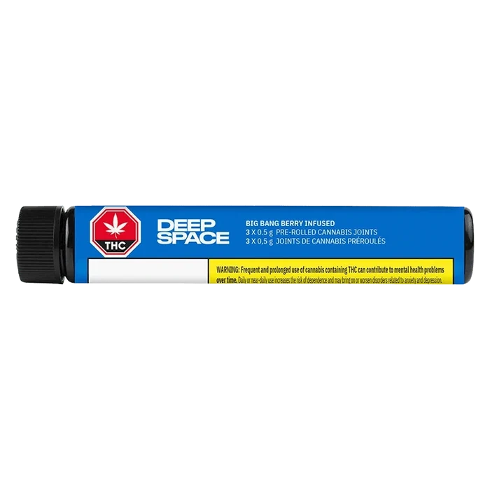 Horizontal close-up of the Deep Space Big Bang Berry Infused PR 3 x 0.5 g tube with blue label, black cap, and warning panel.