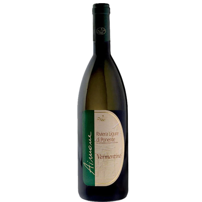 Dark green Vermentino wine bottle with cream label and green accents