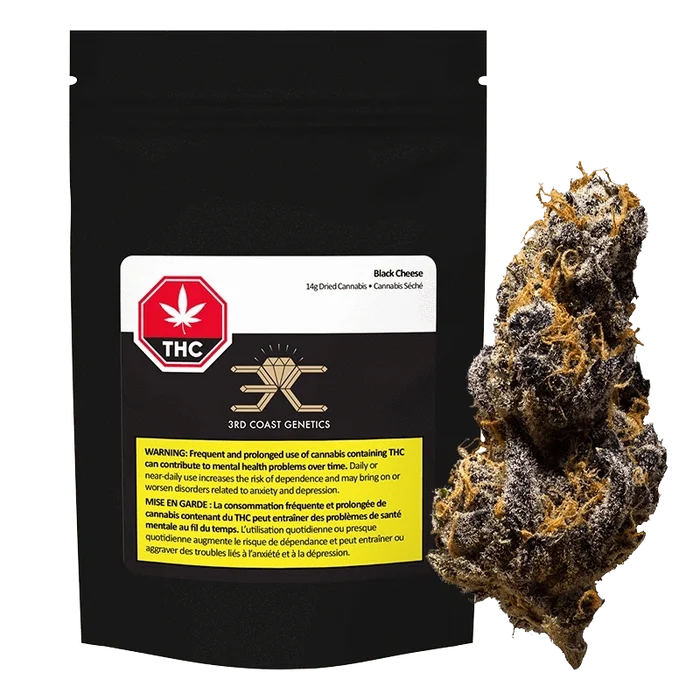 Front view of the Black Cheese pouch and a close-up of a frosty dark purple bud against a white background.