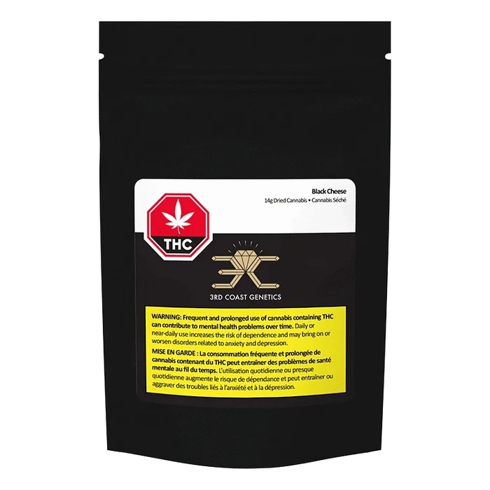 Front-facing pouch shot of Black Cheese showing a black resealable bag with a white label, red THC symbol, gold 3rd Coast Genetics logo, and a yellow warning panel.