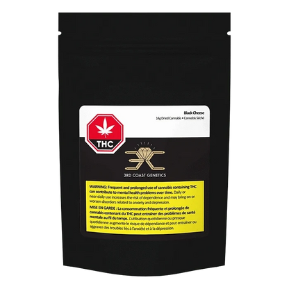Front-facing pouch shot of Black Cheese showing a black resealable bag with a white label, red THC symbol, gold 3rd Coast Genetics logo, and a yellow warning panel.