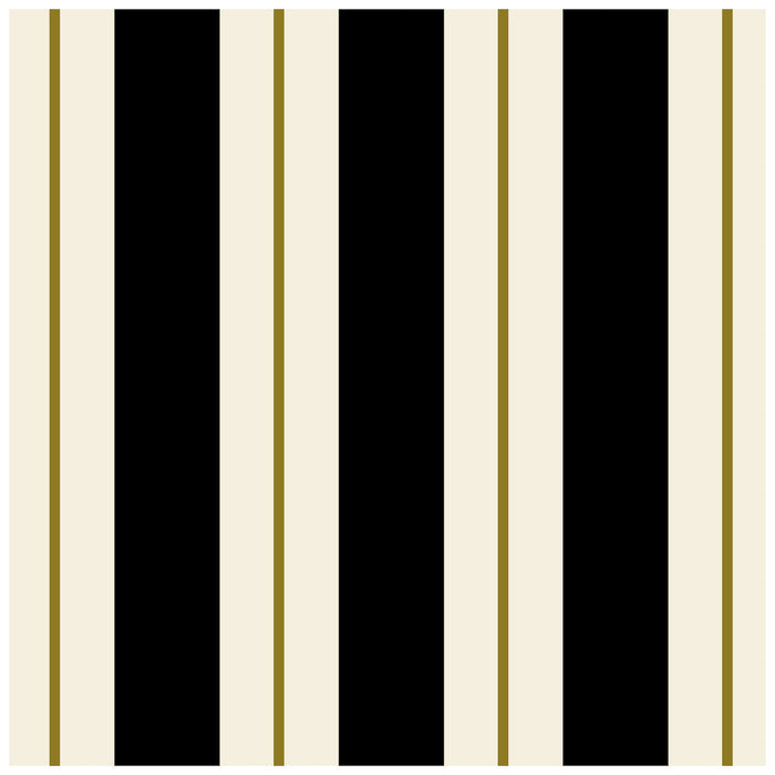 A square cocktail napkin with thick black and white stripes, and a thin gold line running down the middle of each white stripe.