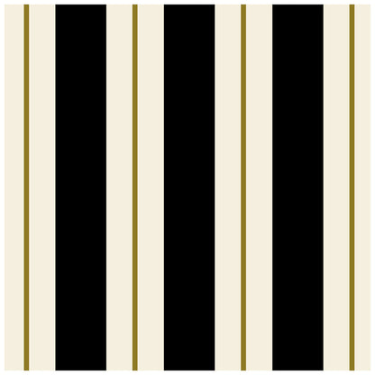 A square cocktail napkin with thick black and white stripes, and a thin gold line running down the middle of each white stripe.