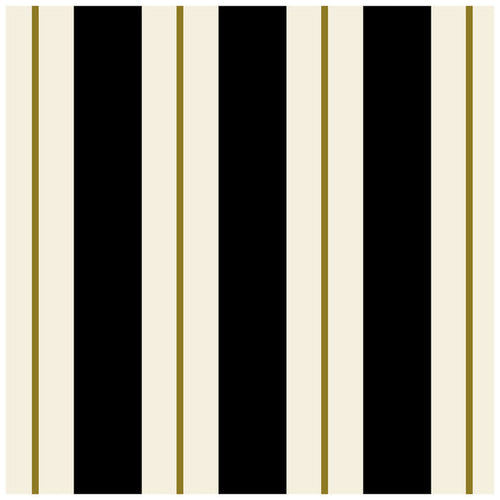 A square cocktail napkin with thick black and white stripes, and a thin gold line running down the middle of each white stripe.