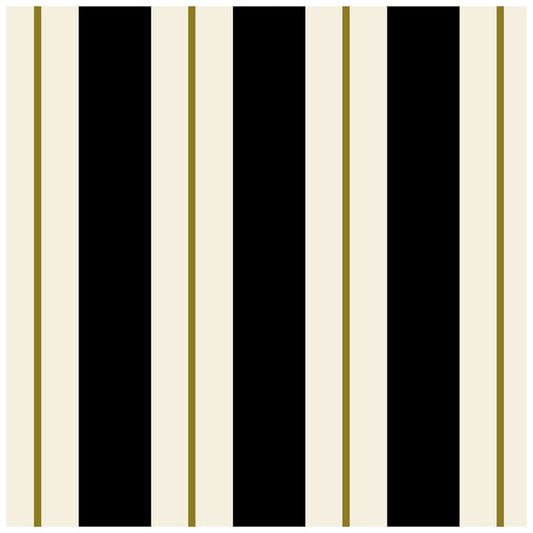 A square cocktail napkin with thick black and white stripes, and a thin gold line running down the middle of each white stripe.