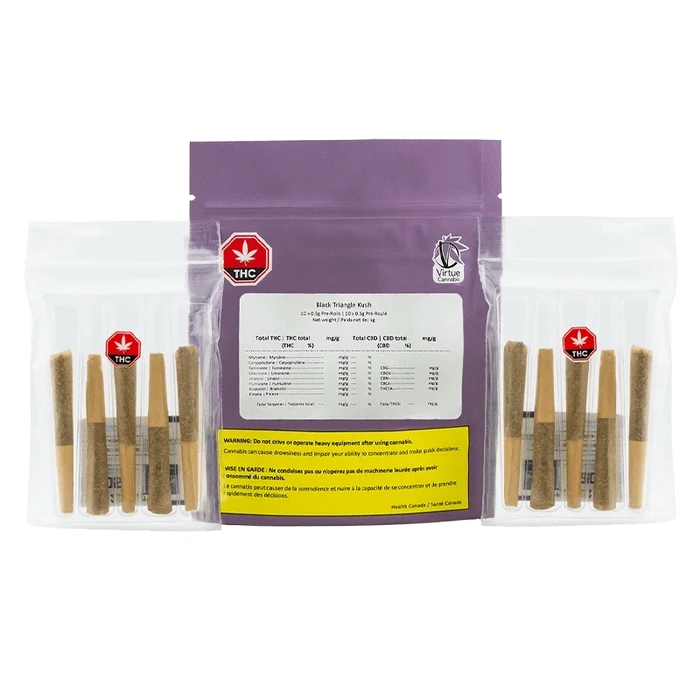 Center-front view of the purple pouch and clear trays of Black Triangle Kush PR 10 x 0.5 g, showing labels, warnings, and rows of prerolled joints.