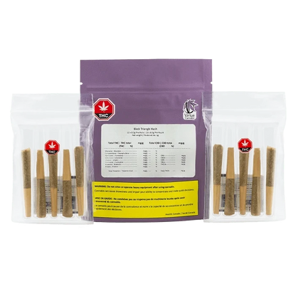 Center-front view of the purple pouch and clear trays of Black Triangle Kush PR 10 x 0.5 g, showing labels, warnings, and rows of prerolled joints.