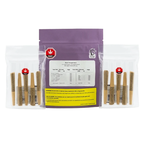 Center-front view of the purple pouch and clear trays of Black Triangle Kush PR 10 x 0.5 g, showing labels, warnings, and rows of prerolled joints.