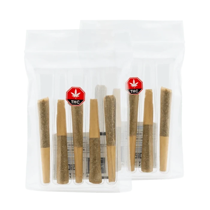 Front-facing shot of two clear resealable packs of Black Triangle Kush PR 10 x 0.5 g showing rows of pre-rolled joints and red THC warning labels.
