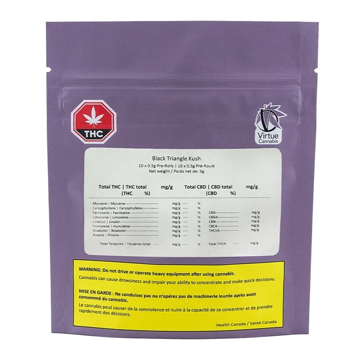 Front view of a purple pouch labeled Black Triangle Kush PR 10 x 0.5 g with a white info panel and yellow warning box.