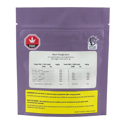 Front view of a purple pouch labeled Black Triangle Kush PR 10 x 0.5 g with a white info panel and yellow warning box.