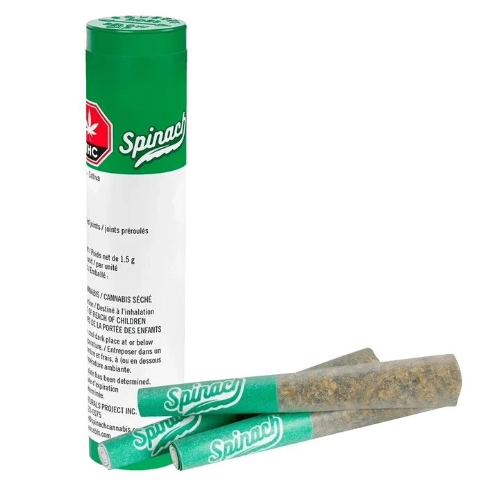 Angled front view of a green-and-white tube with two spinach-branded joints in front, labeled "Blue Thai PR 3 x 0.5 g".