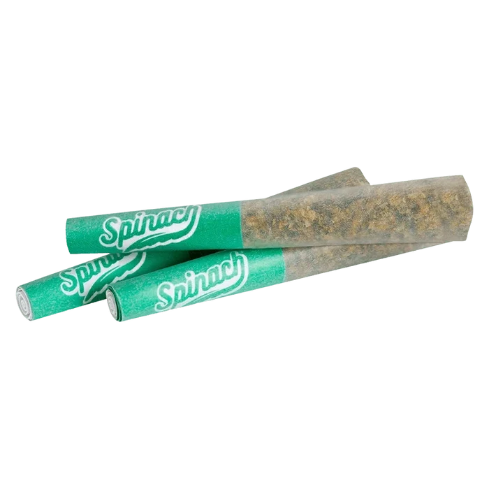 Three rolled prefilled joints with green "Blue Thai PR 3 x 0.5 g" branded tips shown in a staggered close-up on a white background, side view.