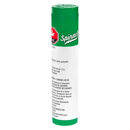 Tall front view of the green-and-white Blue Thai PR 3 x 0.5 g cylindrical container showing its Spinach logo and small printed text.