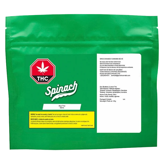 Front-facing green resealable pouch labeled "Spinach Blue Thai" with a red THC octagon logo left and a white info panel right.
