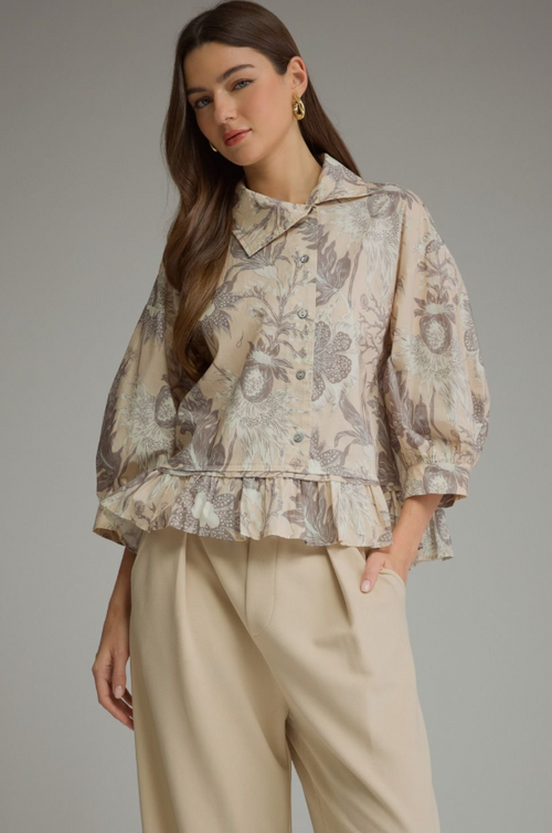 Button-Up Ruffle Floral Ecru Blouse Tops in S at Wrapsody