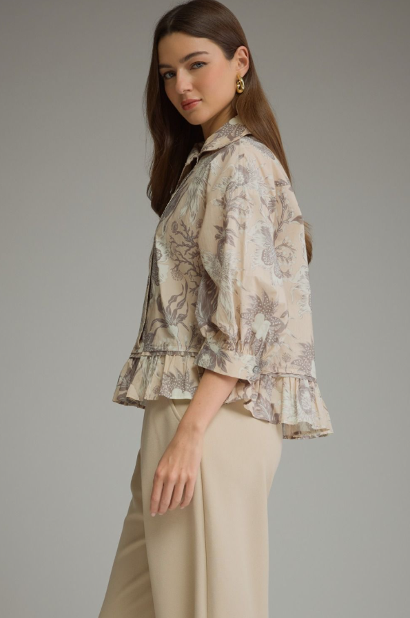 Button-Up Ruffle Floral Ecru Blouse Tops in at Wrapsody