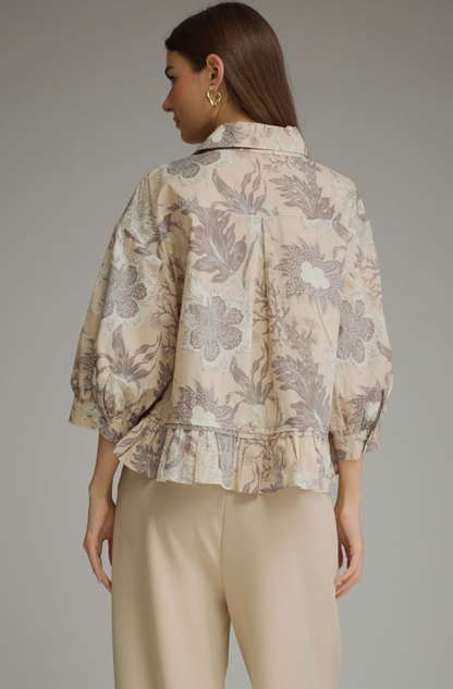 Button-Up Ruffle Floral Ecru Blouse Tops in at Wrapsody