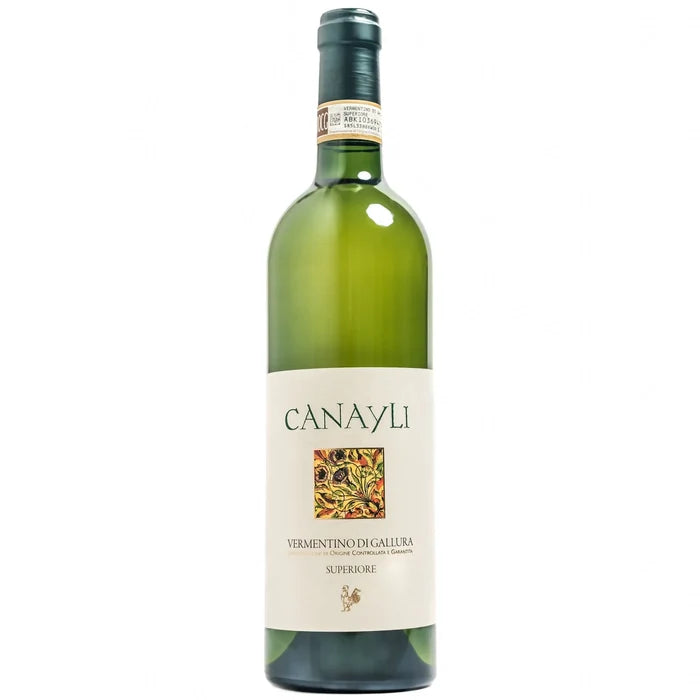 Canayli Vermentino di Gallura wine bottle with green glass and cream label