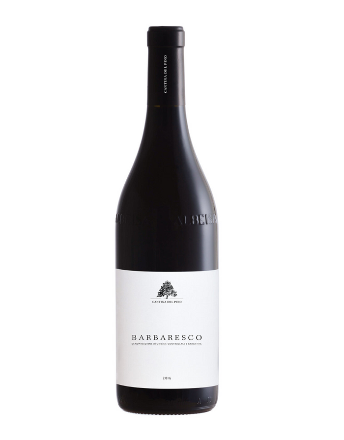 Barbaresco wine bottle (Cantina del Pino), 2018 with dark glass and label