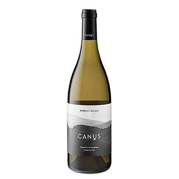 Canus Ribolla Gialla 2019 wine bottle, clear glass with white label