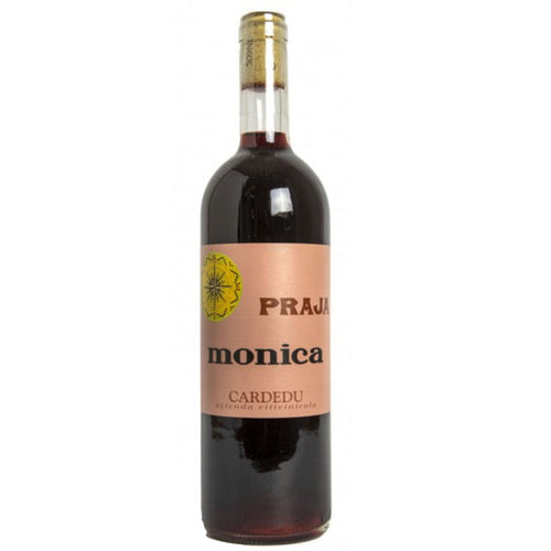 Monica di Sardegna wine bottle, dark glass, glass cork, Praja Monica label