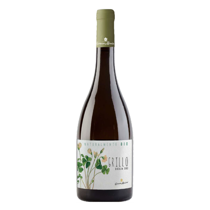 Grillo wine bottle with olive-green cap and botanical vine label