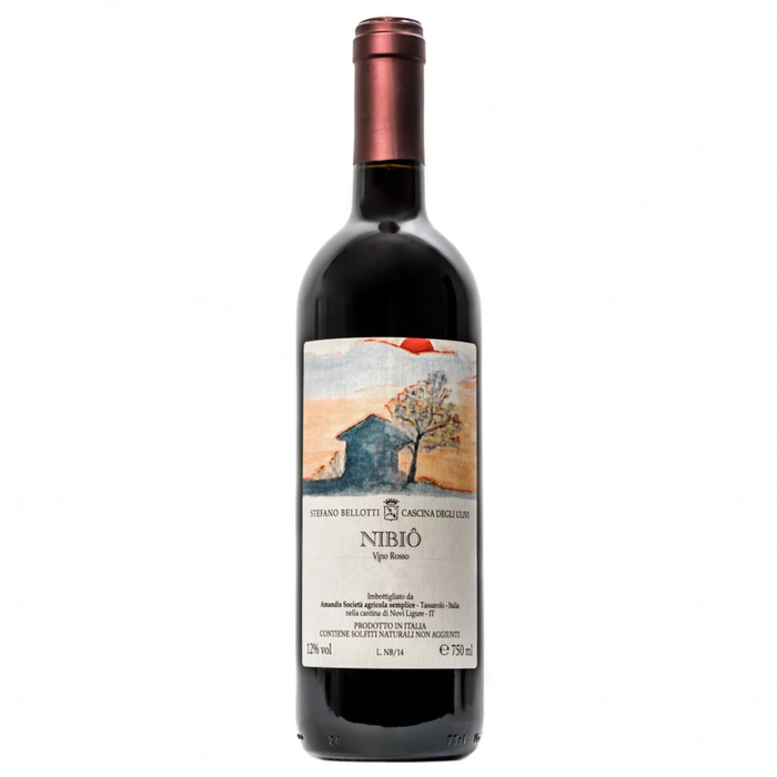 Red wine bottle, Nibio 2007, Cascina degli Ulivi, dark label with landscape illustration