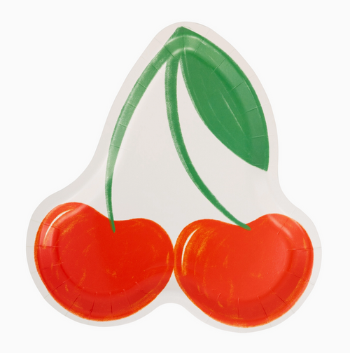 Paper plate shaped like a cherry with two red cherries and a green stem on a white background