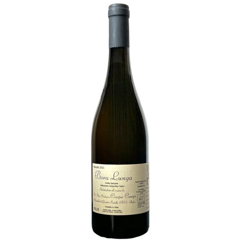 Cinque Campi Bora Lunga wine bottle with white label and dark glass