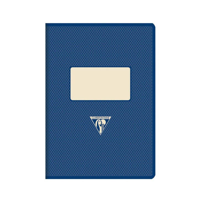 Blue notebook with a beige label on a white background