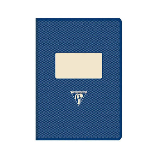 Blue notebook with a beige label on a white background