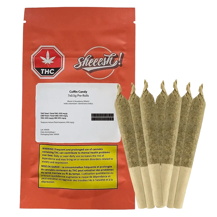 Front-facing shot of a red pouch and seven cone pre-rolls arranged upright, labeled Coffin Candy PR 7 x 0.5 g.