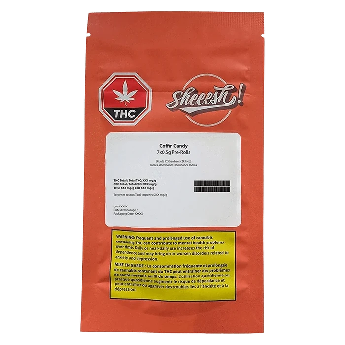 Straight-on view of the red pouch packaging labeled "Coffin Candy PR 7 x 0.5 g" with white product sticker, THC logo, and yellow warning box.