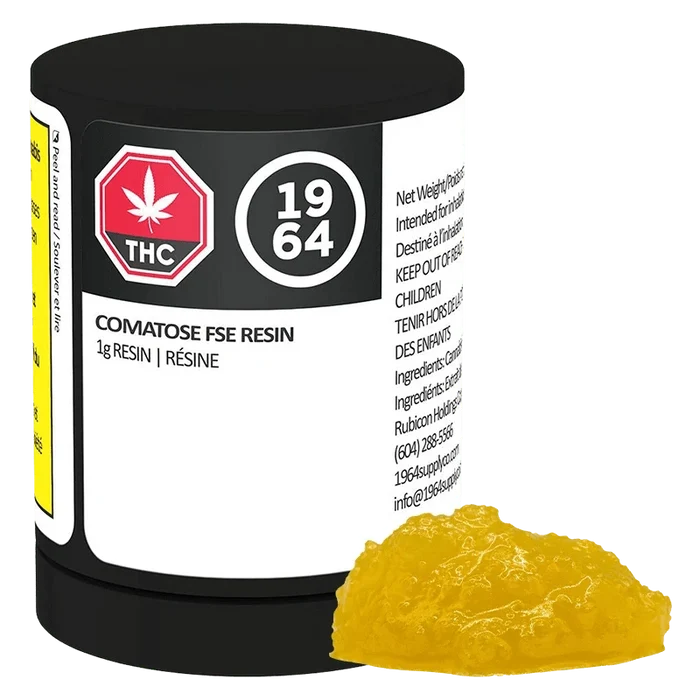 Angled front view of a black-lidded jar labeled Comatose FSE Resin with a glossy yellow resin mound beside it.