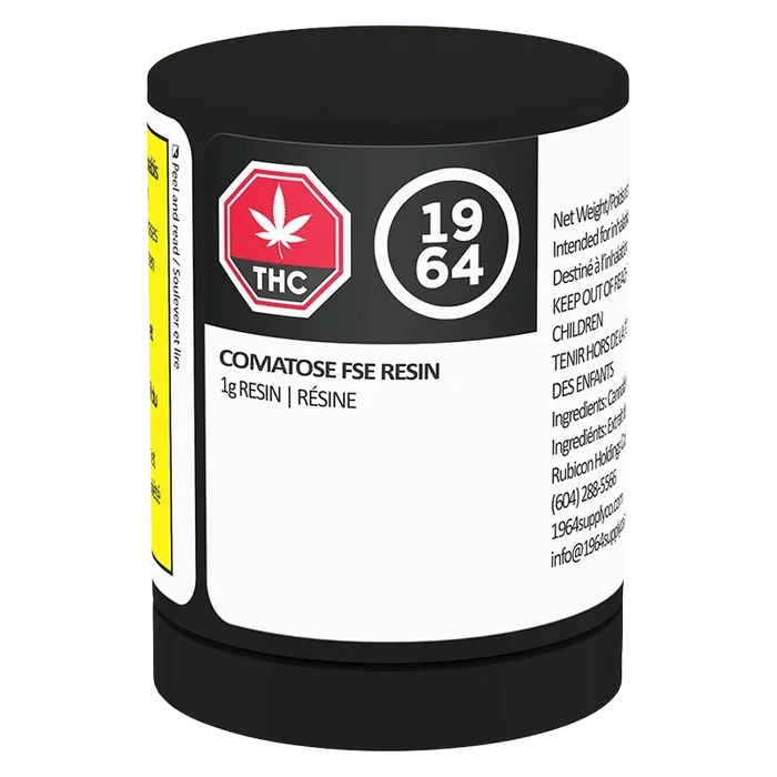 Angled front view of a black container labeled "Comatose FSE Resin" with a red THC stop-sign icon and "1964" round logo on a white product label.