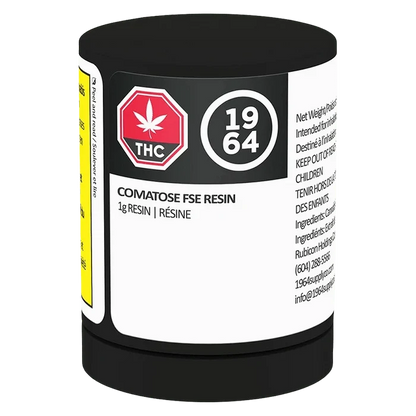 Angled front view of a black container labeled "Comatose FSE Resin" with a red THC stop-sign icon and "1964" round logo on a white product label.